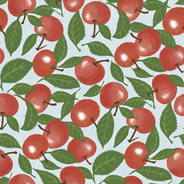 sample of blue fabric with cherries on it