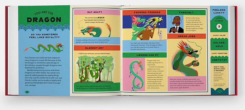 two-page spread from Animals of the Chinese Zodiac by Teresa Robeson and Ping Zhu published by Phaidon