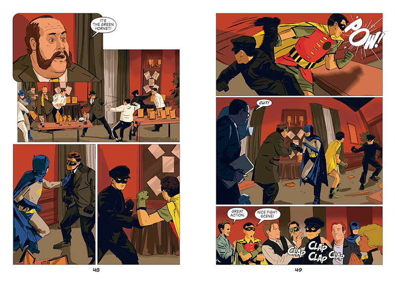 two-page spread from Who Smashed Hollywood Barriers with Gung Fu? Bruce Lee by Teresa Robeson and Ryan Inzana, published by Penguin HQ